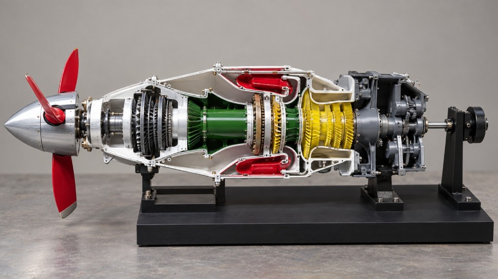 Cutaway prototype of an aircraft engine with a red propeller, showing internal turbine and gearbox detail